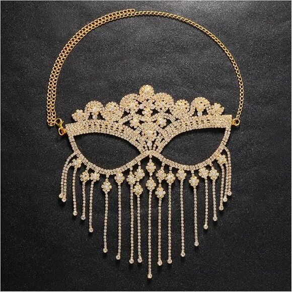 Women's Rhinestone Tassel Veil Masks Forehead Chain Rave Crystal Chains Mask - Picture 3 of 6